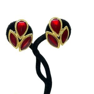 Trifari Red and Gold Clip-On Earrings with Leaf Design Elegant